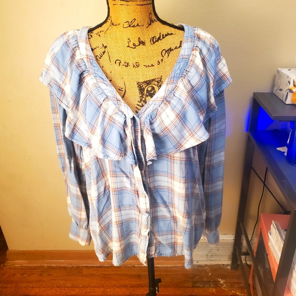 Mossimo Blue Plaid Long Sleeve Button Up V-Neck Blouse Plus Size XXL 2XL - Picture 1 of 9